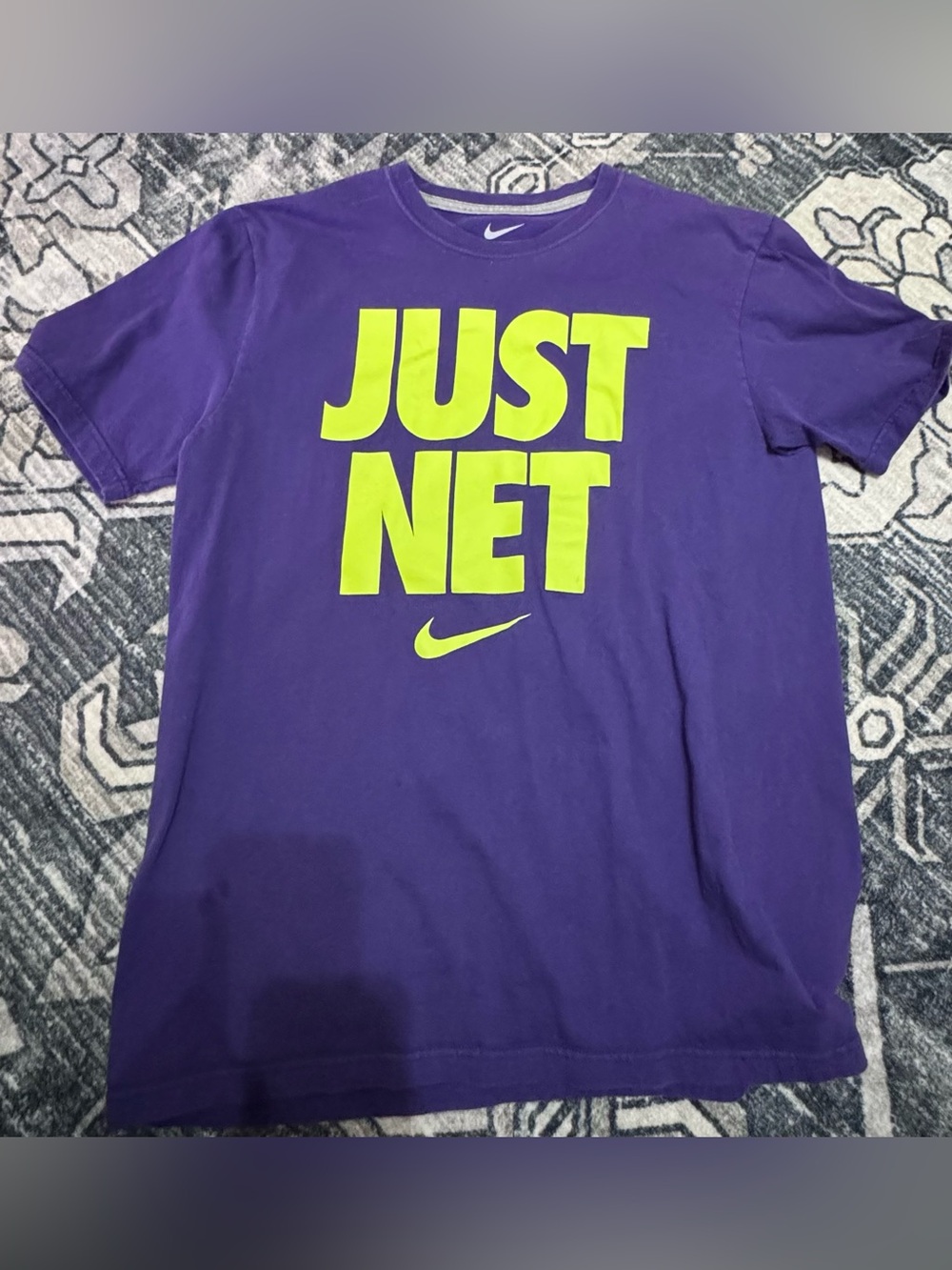 Nike Purple Short-Sleeve Tee with Neon Yellow 'JUST NET' Graphic Sz L